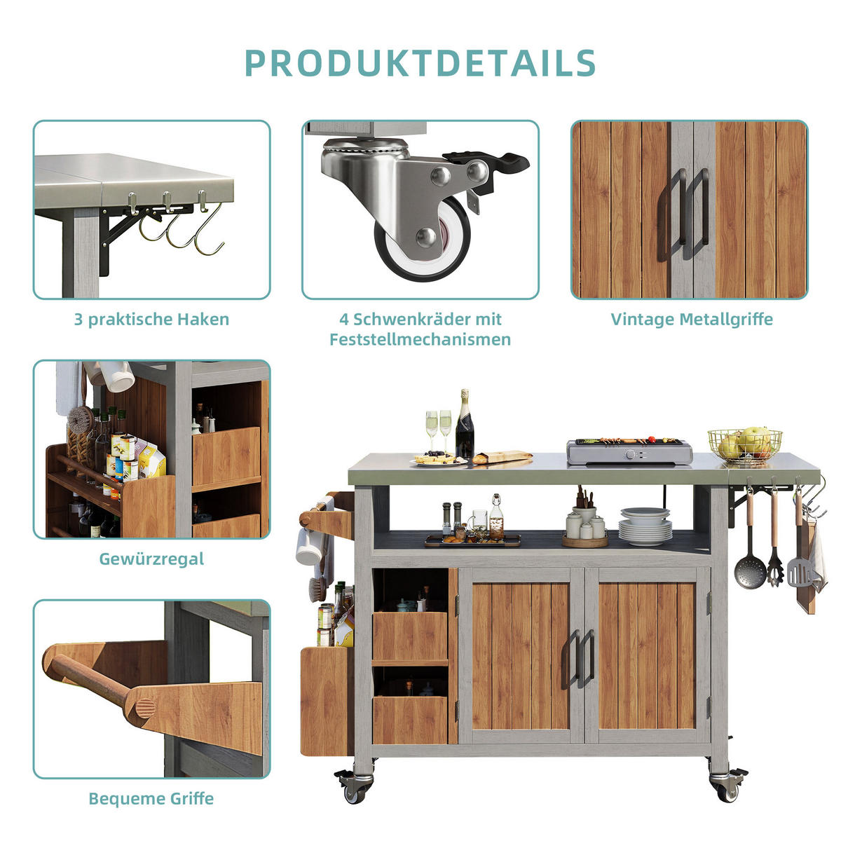 SERVIERWAGEN Massivholz/Edelstahl - Naturfarben, Metall (47/92/138cm) - ComfortXL