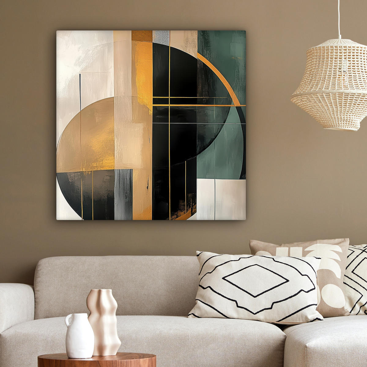 LEINWANDBILD - Abstrakt - Gold - Bronze - Grün - Formen - Modern - 90x90 - Gemälde - Multicolor, Textil (90/90cm) - MuchoWow