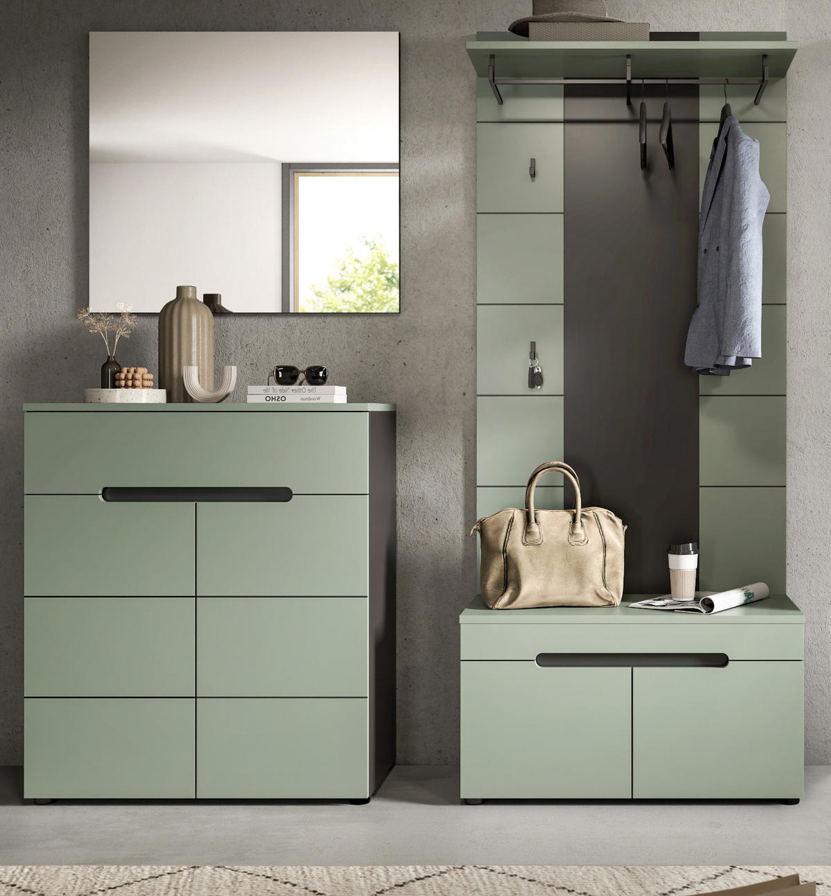 GARDEROBE-SET Salbei und Grau, Garderobe 4-teilig, 175 x 190 cm, Soft-Close, Cooper - Salbeigrün/Dunkelgrau, Holzwerkstoff/Kunststoff (175/190/37cm) - Inn.Furn