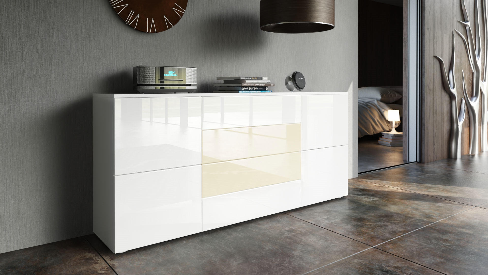 SIDEBOARD Rova Weiß Hochglanz / Creme Hochglanz - Weiß Hochglanz, Holzwerkstoff (166/72/35cm) - Vladon