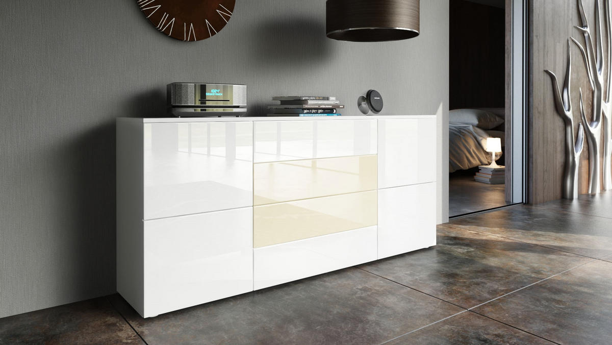 SIDEBOARD Rova Weiß Hochglanz / Creme Hochglanz - Weiß Hochglanz, Holzwerkstoff (166/72/35cm) - Vladon