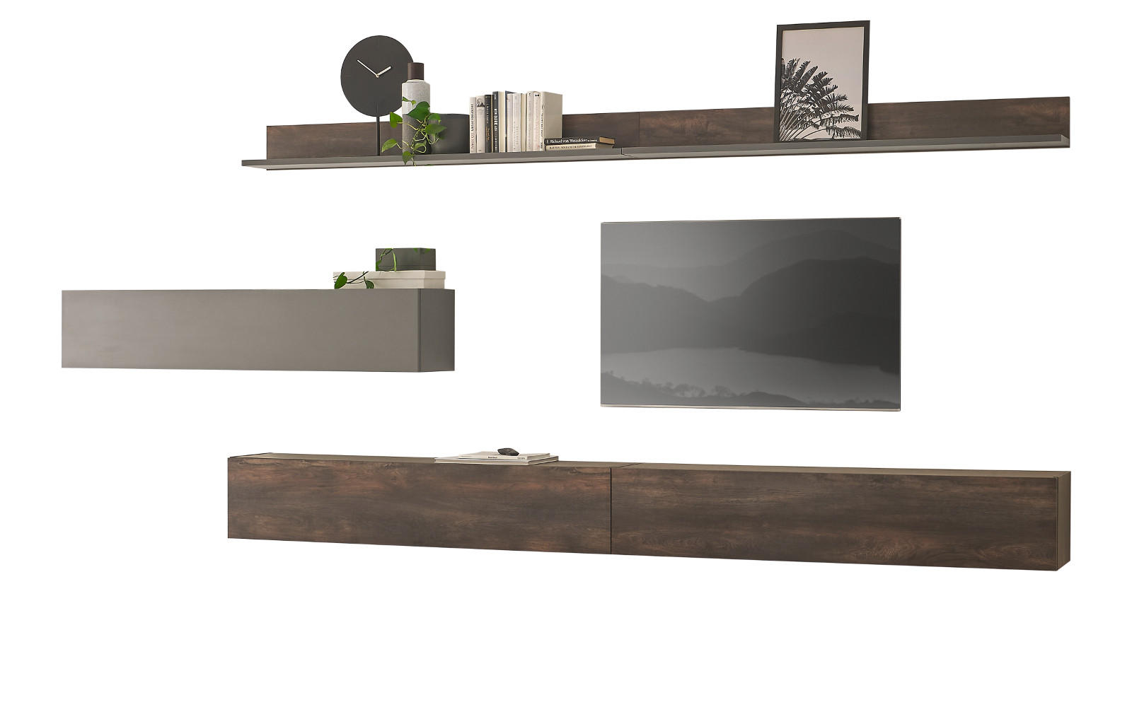 WOHNWAND Thermo Eiche, grau, Wohnkombination 5-teilig 380 x 180 cm - Eichefarben/Grau, Holzwerkstoff (380/180/30cm) - Furn.Design