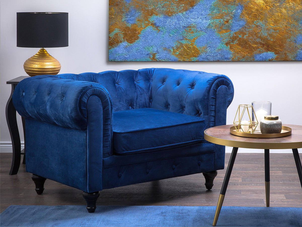 SESSEL Samtstoff kobaltblau Chesterfield - Blau/Dunkelbraun, Textil (110/70/75cm) - Beliani