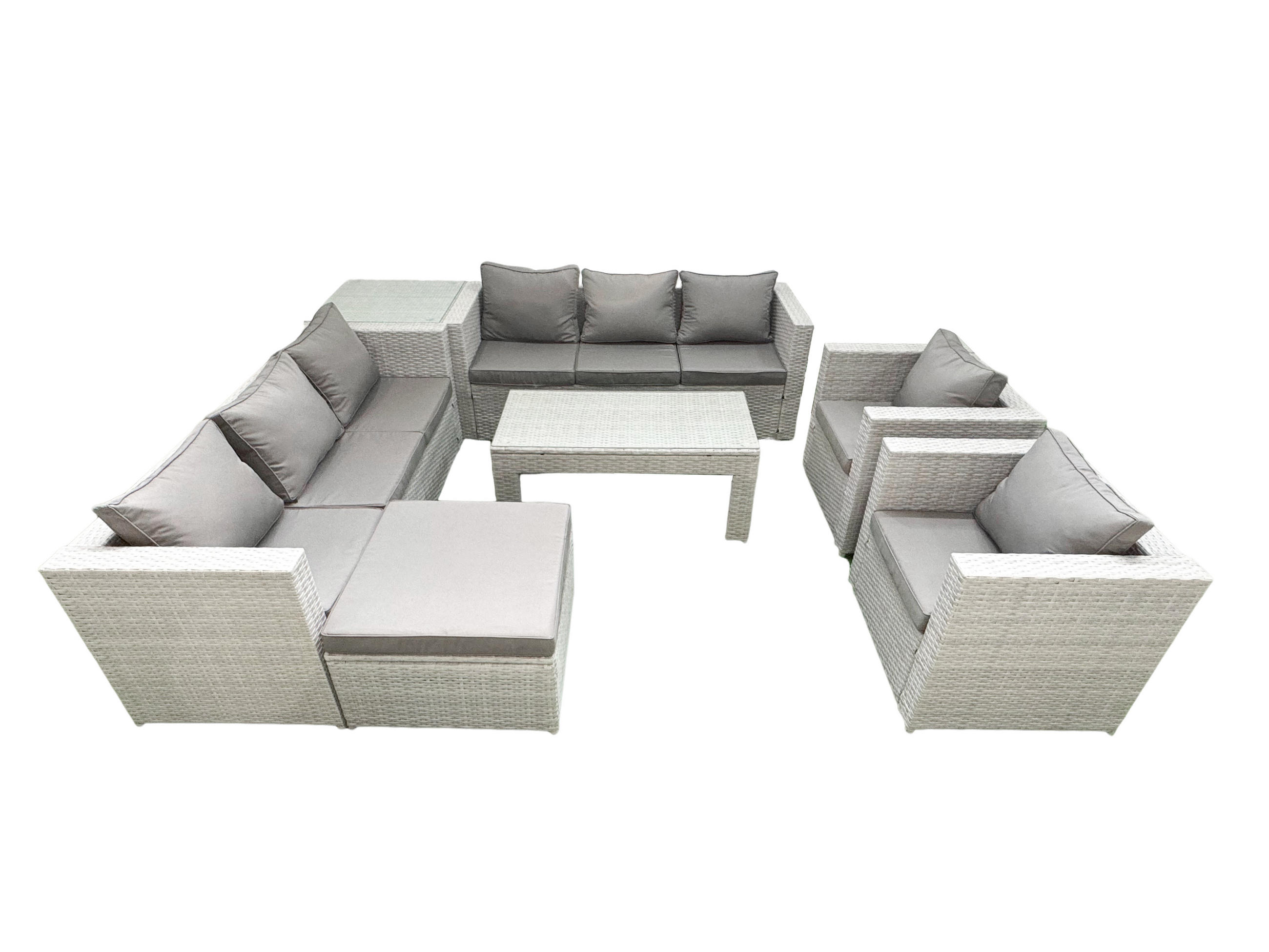 GARTENSOFA hohe Rückenlehne Polyrattan Hellgrau-Mix 9-Sitzer - Hellgrau/Grau, Glas/Kunststoff - Fimous