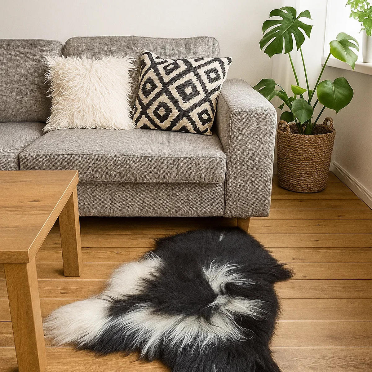 SCHAFFELL Ganzes Island Lammfell Langhaarig Naturfarben Weiß/Schwarz, ca. 120 cm - Schwarz, Fell (65/120cm) - Provellus