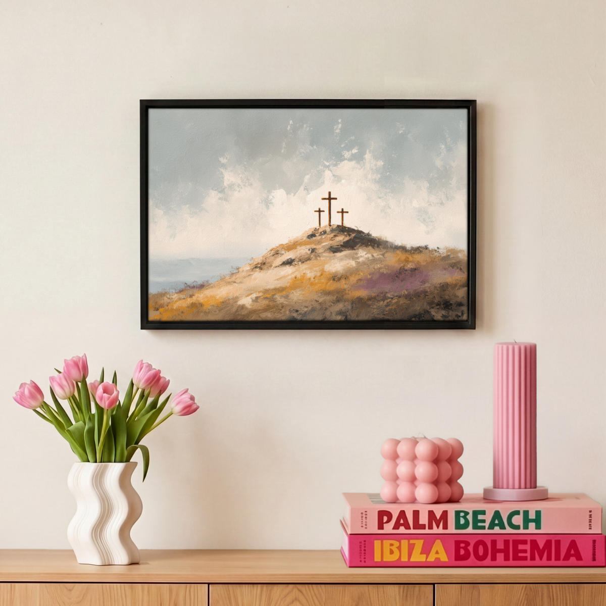 LEINWAND Bilder mit Rahmen - Hügel - Abstrakt - Christentum - Kreuz - 30x20 - Hellgrau, Textil (30/20cm) - MuchoWow
