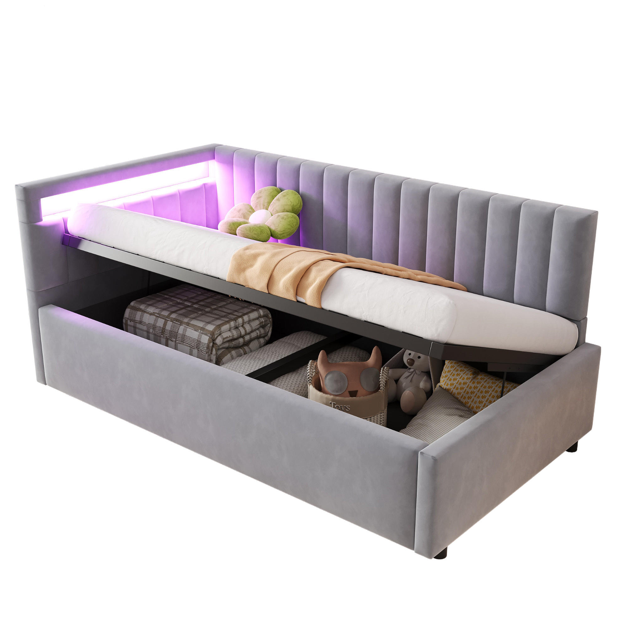 TAPECIRANI krevet 90/200 cm sivi od baršuna s LED rasvjetom i hidrauličnim prostorom za odlaganje - svijetlo siva, tekstil (90/200cm) - OKWISH