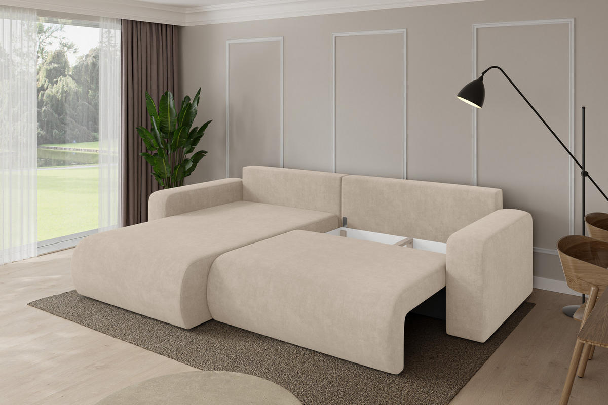 ROHOVÁ SEDAČKA s funkcí spaní, otoman vlevo BERY-L 276x193x88 béžová velur - černá/Sahara, kompozitní dřevo/textil (276/193cm) - ALTDECOR