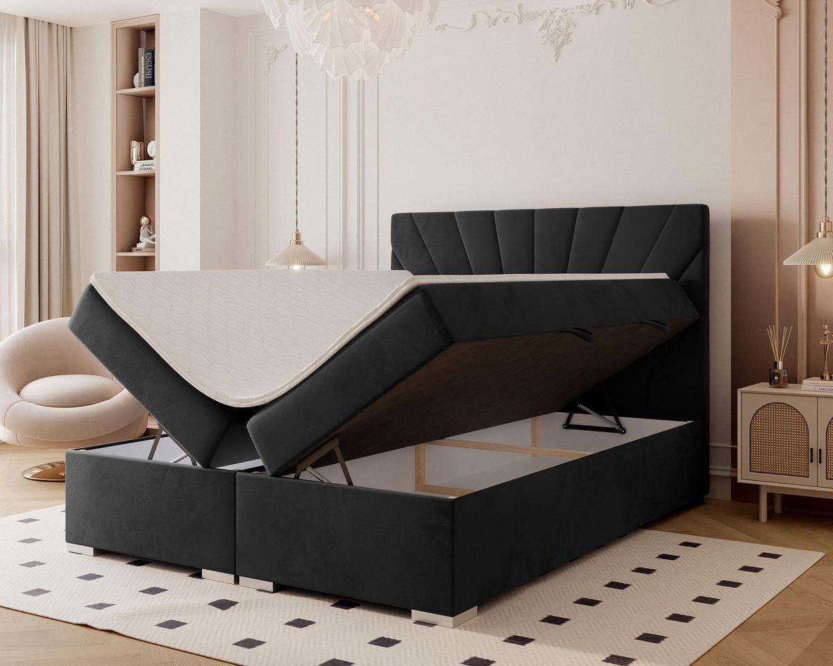 BOXBETT OASIS 140/200 cm mit Matratze und Topper, Schwarz - Chromfarben/Schwarz, Textil/Metall (140/200cm) - Idohome