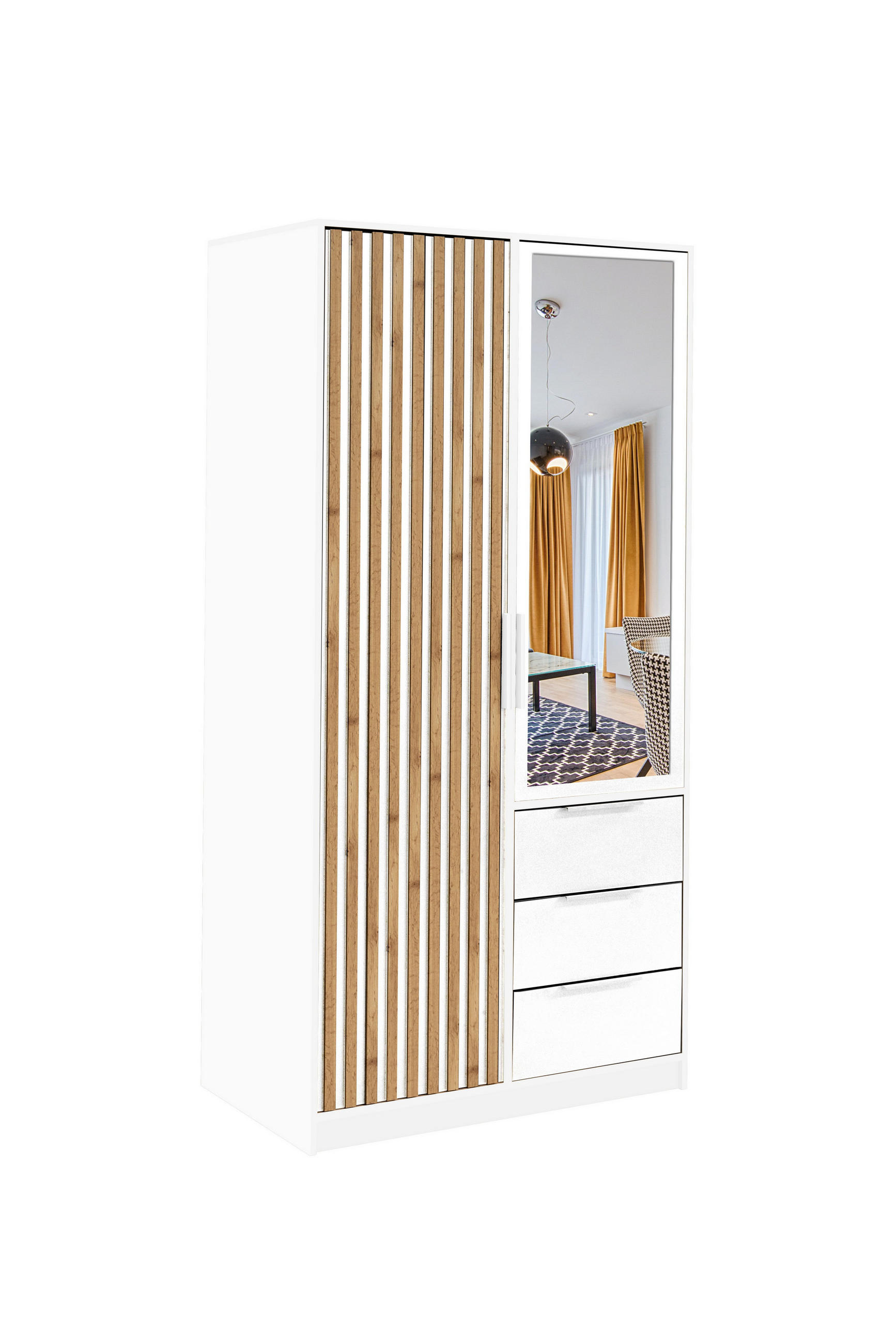 DREHTÜRENSCHRANK GAREN 100/200/57,5 cm 2-türig mit Spiegel Weiß - Weiß, Holzwerkstoff (100/200/57.5cm) - MASSENO