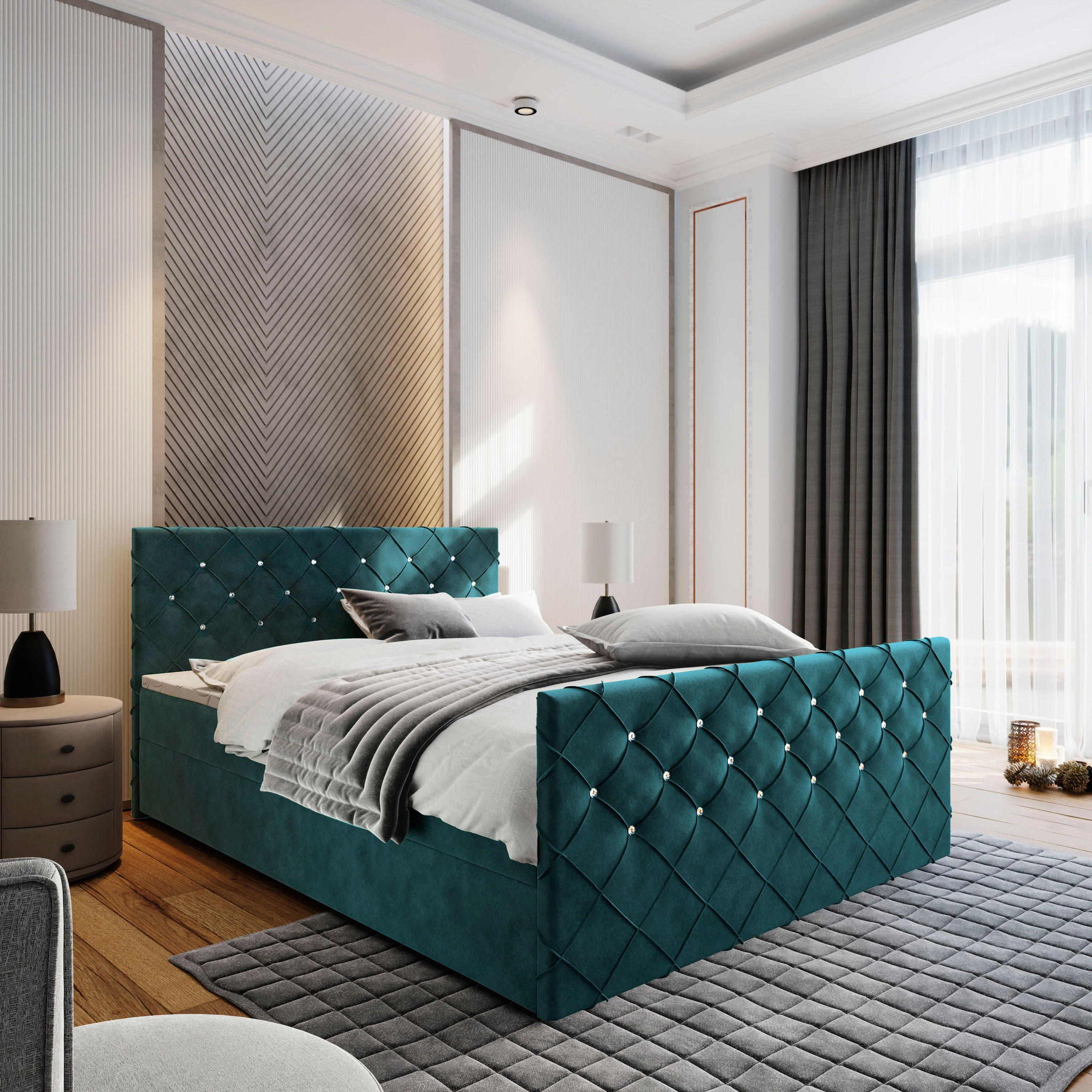 BOXBETT MANDI 140x200 cm mit Matratze und Topper - Blau - Blau/Grün, Holz (140/200cm) - MASSENO