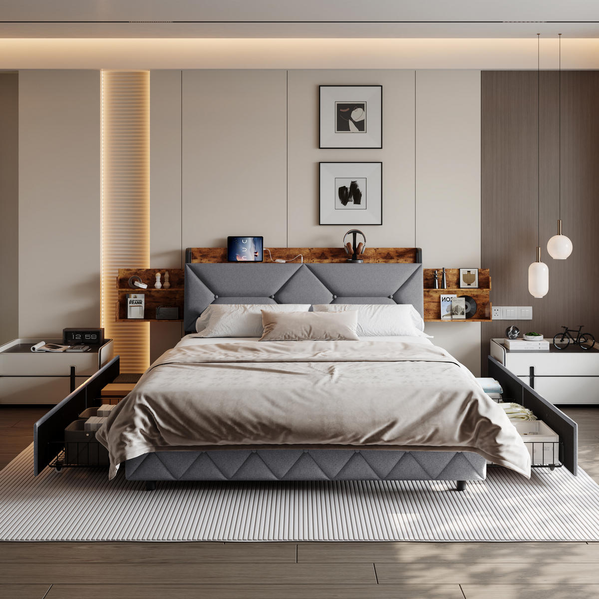 POLSTERBETT 160x200 cm 4 Schubladen USB Kopfteil grau - Grau, Holz (160/200cm) - LEBENLANG