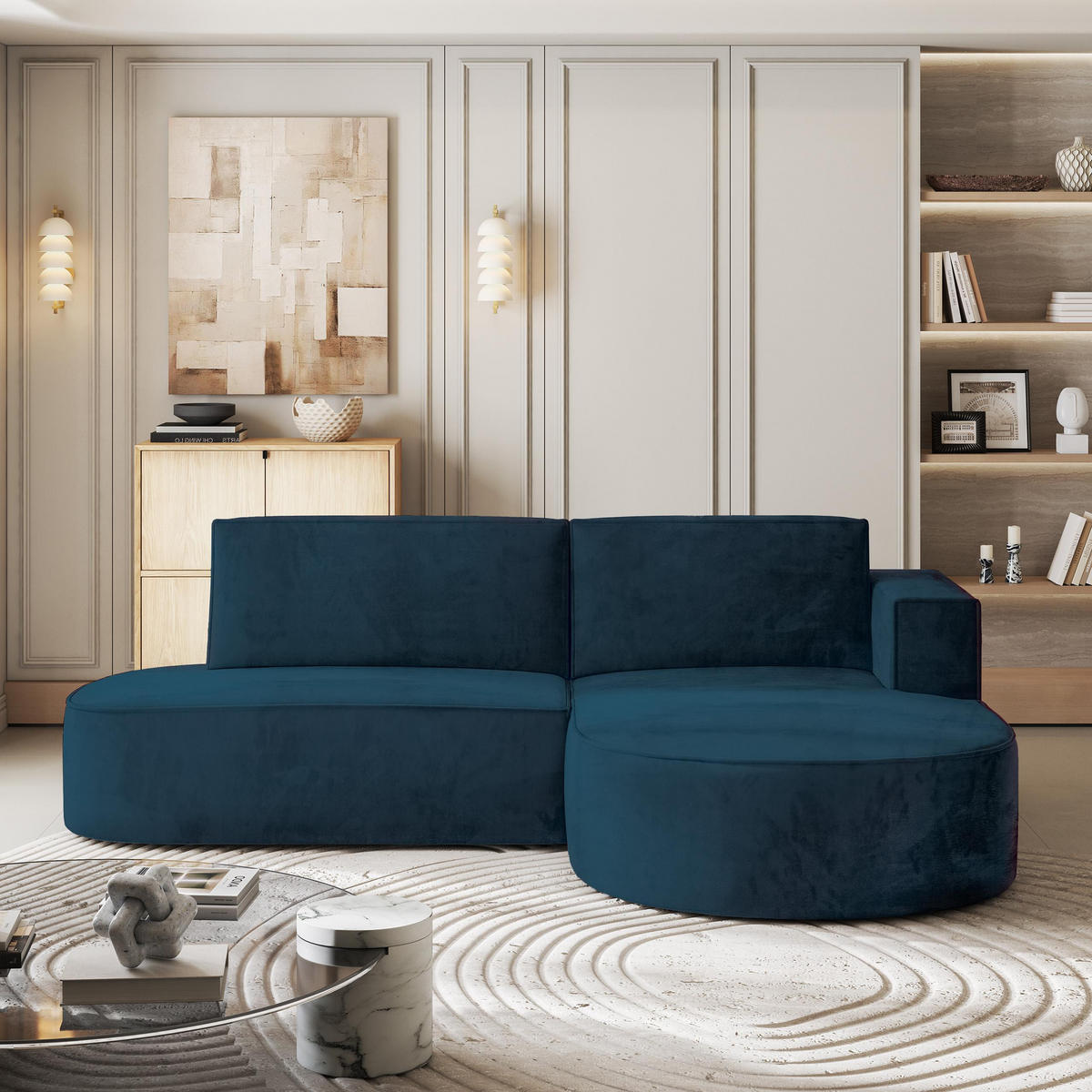 ECKSOFA CORTIO M R-S Blau Velours-Stoff mit Schlaffunktion - Blau/Grau, Holz/Kunststoff (265/174cm) - MASSENO