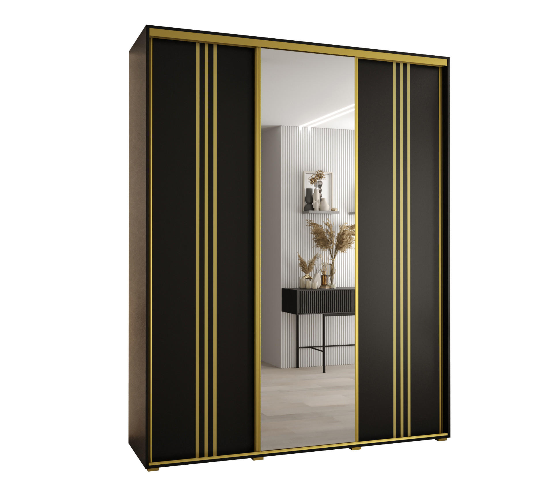 Abiks Möbel Schwebetürenschrank Schwarz, Schwarz, Gold 200x235x60 cm