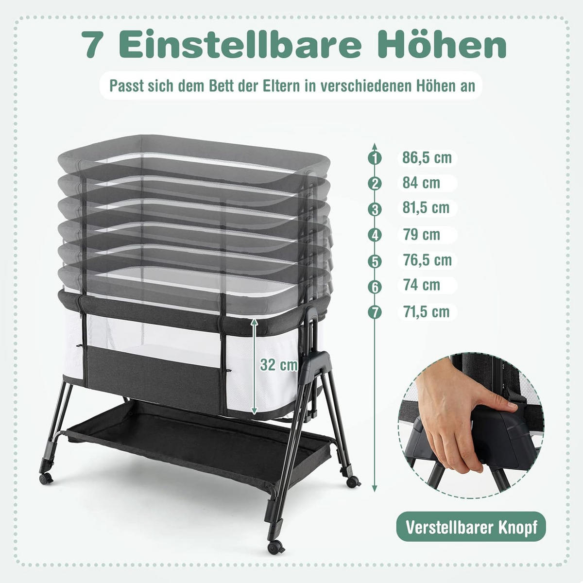BABYSPJÄLSA 2-i-1 sidosäng och moseskorg på hjul, hopfällbar, grå - Grå, Metall - COSTWAY