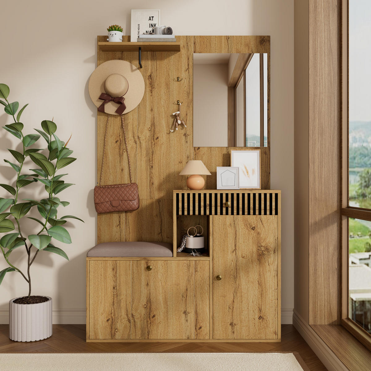 GARDEROBE-SET in Naturfarben Garderobenschrank mit Spiegel für Eingangsbereich und Flur, B110/T37/H185.5 cm - Schwarz/Naturfarben, Glas/Holzwerkstoff (111/185.5/37cm) - STILVORA