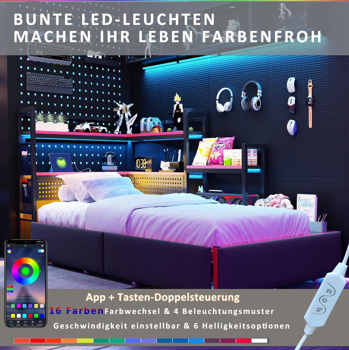 KOVOVÁ postel 90/200 cm s LED osvětlením, USB porty a úložným prostorem, černá - černá, kov (90/200cm) - Redom