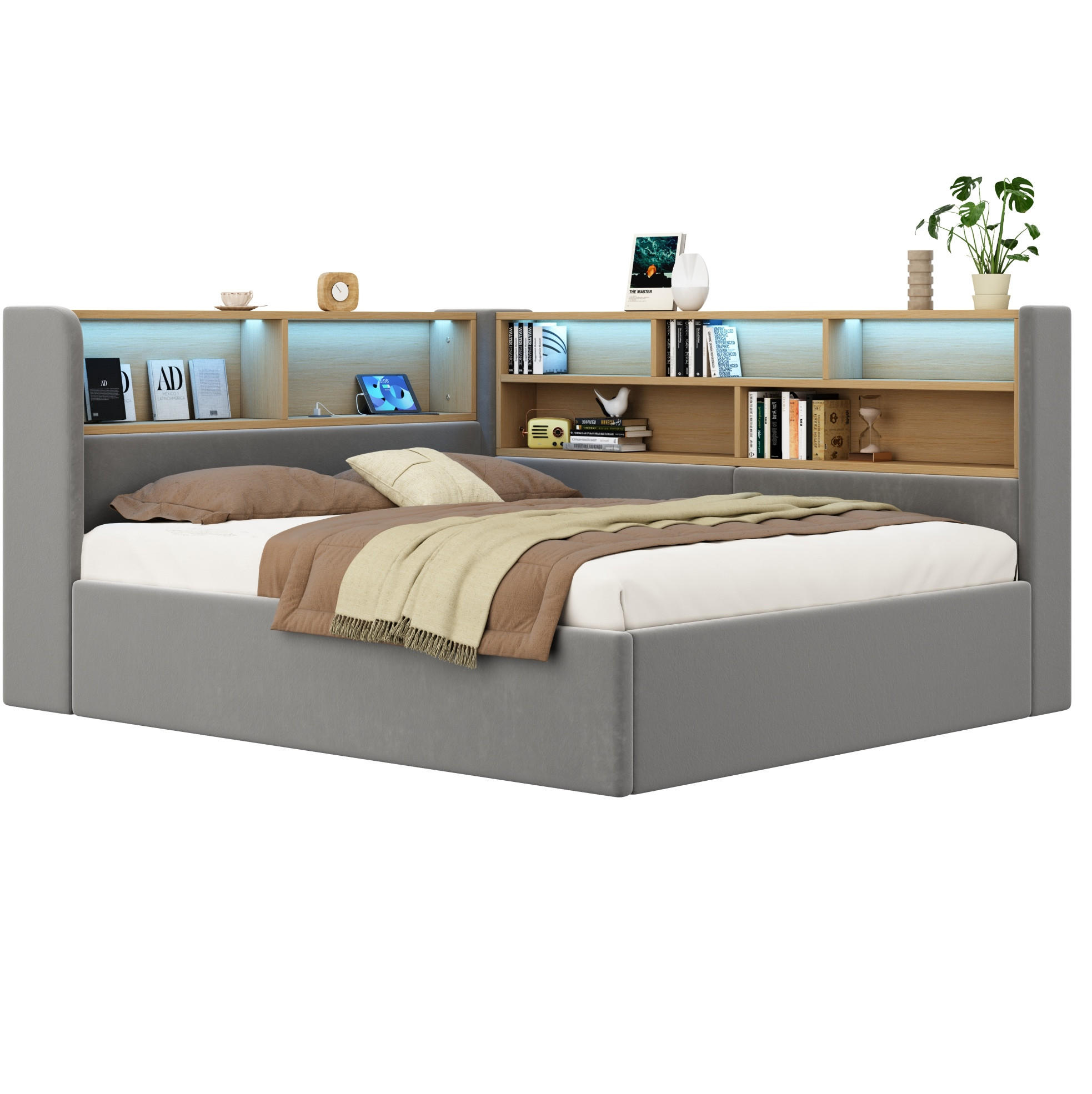 TAGESBETT 140/200 cm mit hydraulischem Stauraum, LED, USB- und Type-C-Anschluss sowie Samtbezug, Grau - Grau, Textil (140/200cm) - Redom