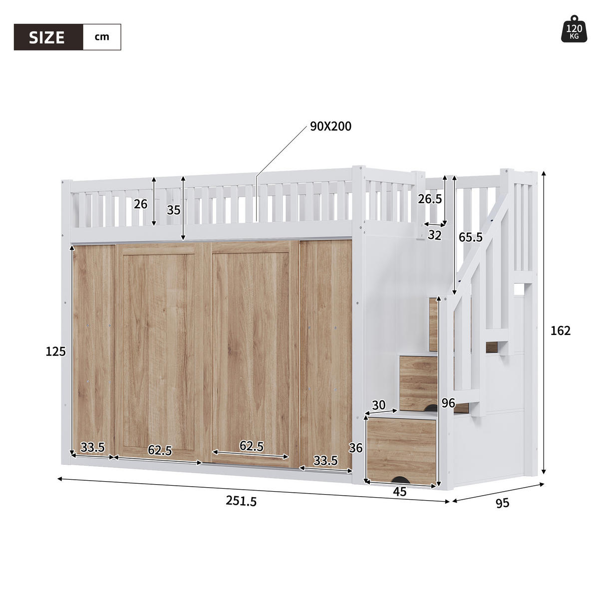 HOCHBETT 90/200 cm aus Massivholz/MDF mit Kleiderschrank, Treppenschrank und LED-Lichtleiste Weiß/Eichefarben - Weiß, Holz (90/200cm) - Modenvie