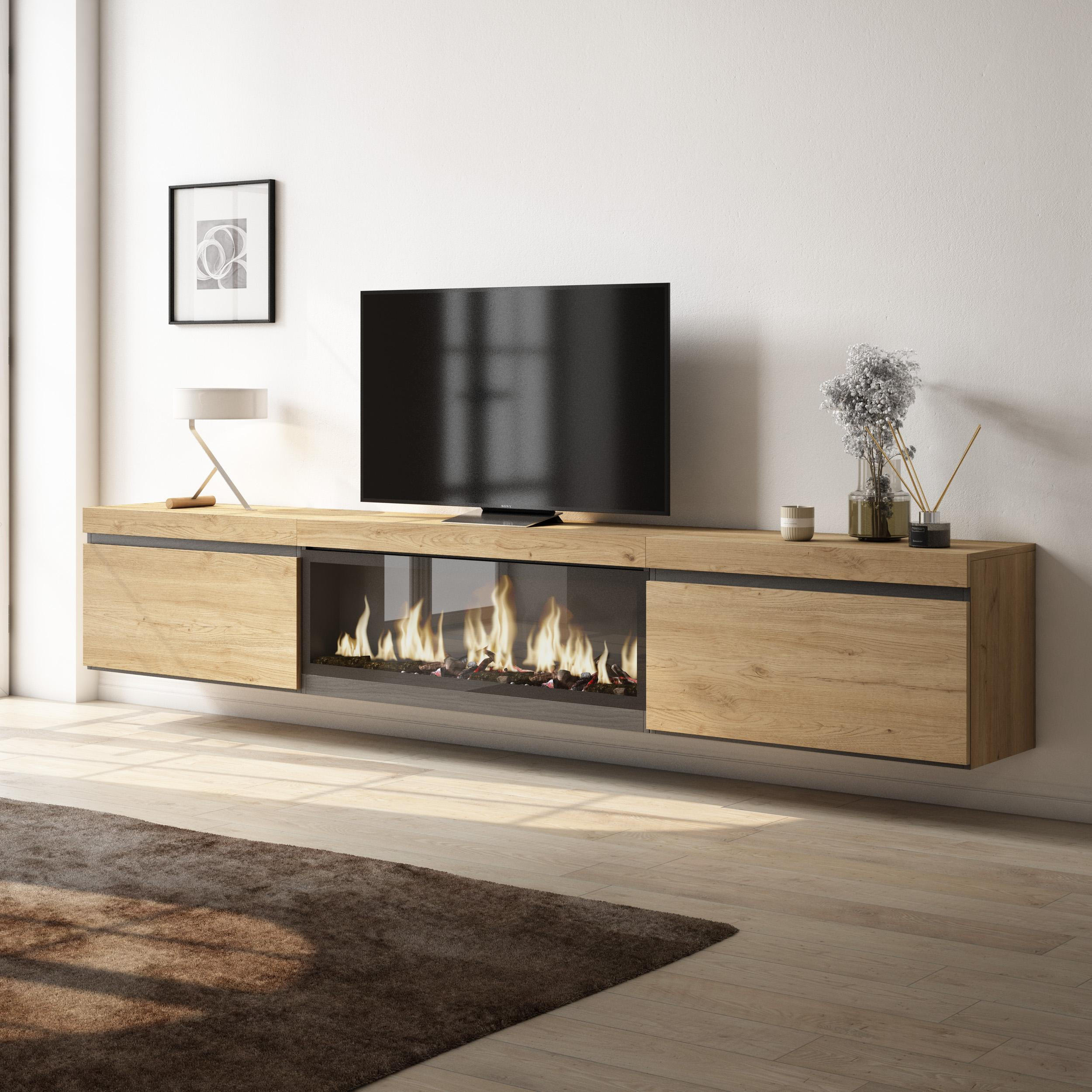 TV-SCHRANK Lowboard, Elektrokamin XXL, Hängend, eiche, 267/35/45cm - Eichefarben/Beige, Holzwerkstoff (267/45/35cm) - Skraut Home