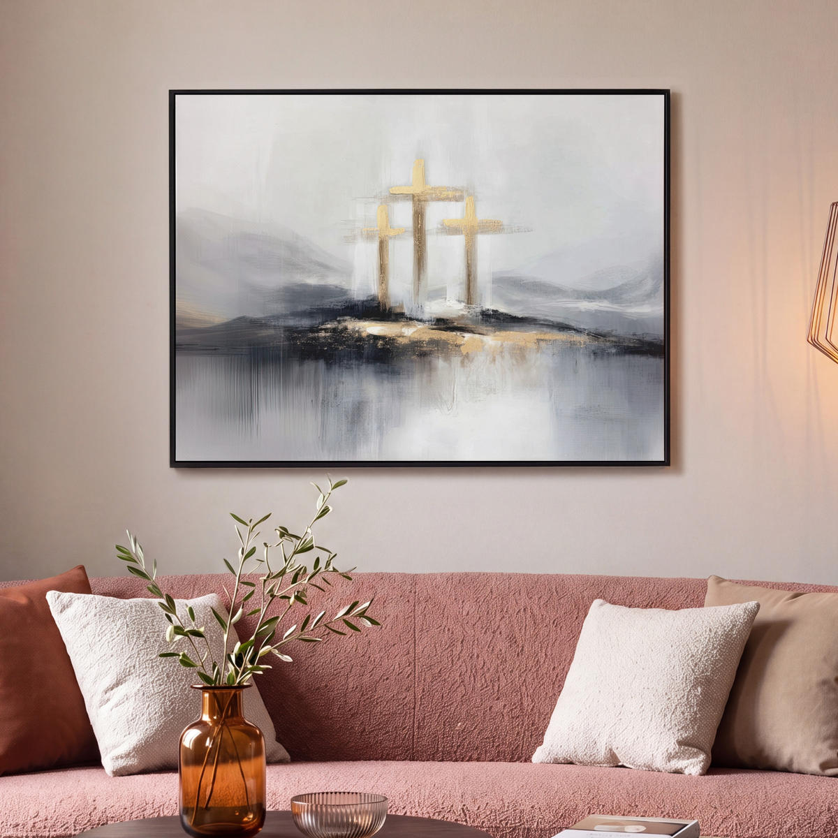 LEINWAND Bilder mit Rahmen - Abstrakt - Malerei - Christentum - Kreuz - 100x70 - Weiß, Textil (100/70cm) - MuchoWow