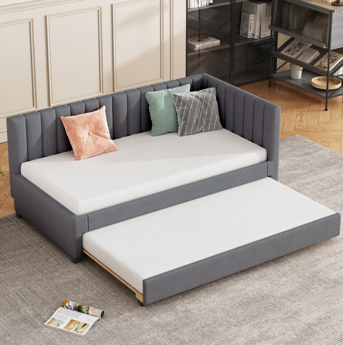 POLSTERBETT 90/200 cm Grau aus Samtstoff mit Ausziehbett - Grau, Textil (90/200cm) - OKMYHOME