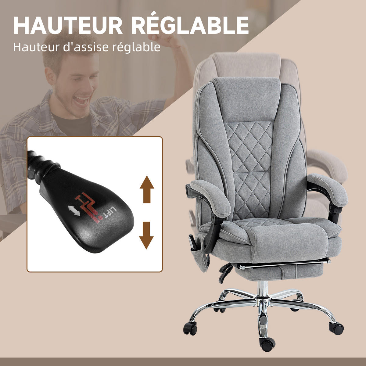 CHEFSESSEL mit massage- & heizfunktion DE-11729 neigbar Grau - Hellgrau, Textil (72/119/67cm) - ComfortXL