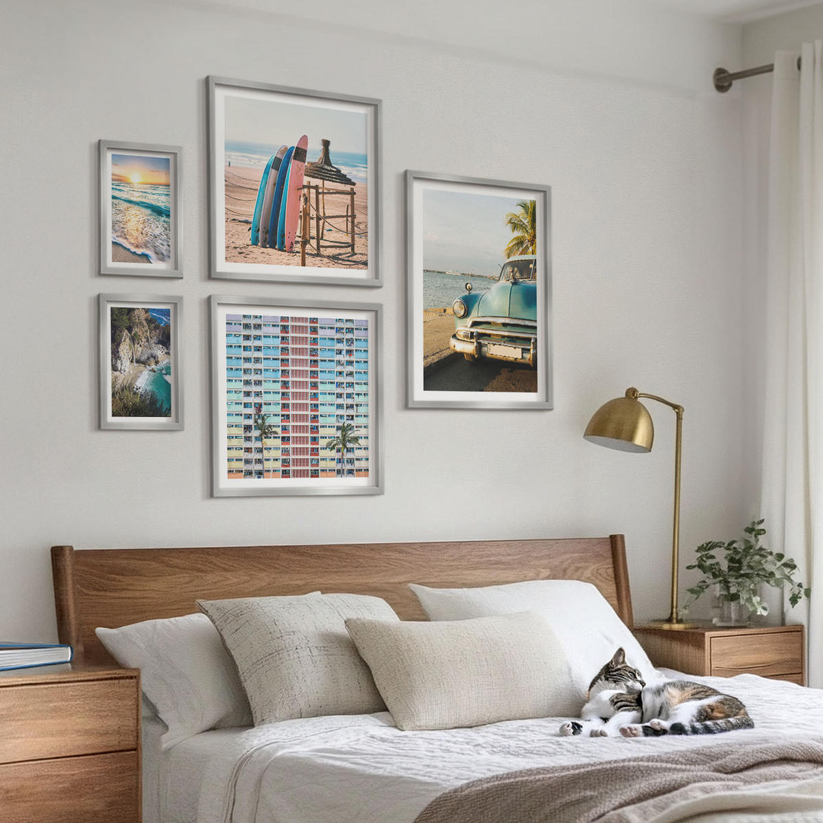 BILDER SET 5er Set - 50x50 cm & 20x30 cm & 40x60 cm Silberner Rahmen - Sonnenuntergang in Miami - Silberfarben, Kunststoff (40/60cm) - TULUP