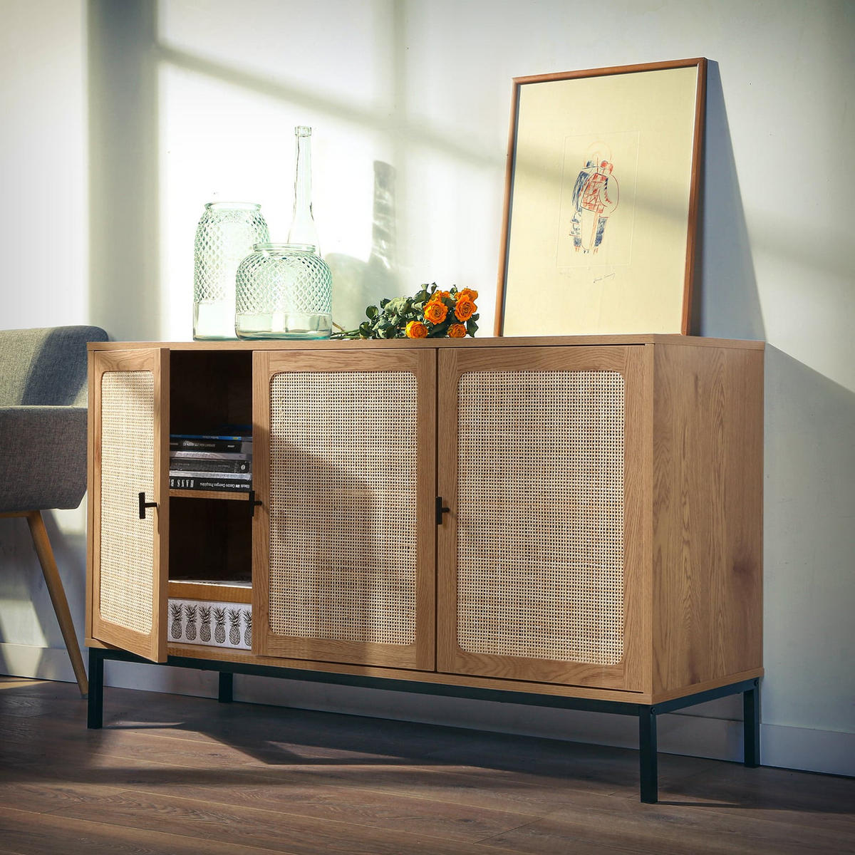 SIDEBOARD mit 3 Türen aus Rattan - L120 cm - Eschefarben, Holzwerkstoff (40/72/120cm) - Calicosy