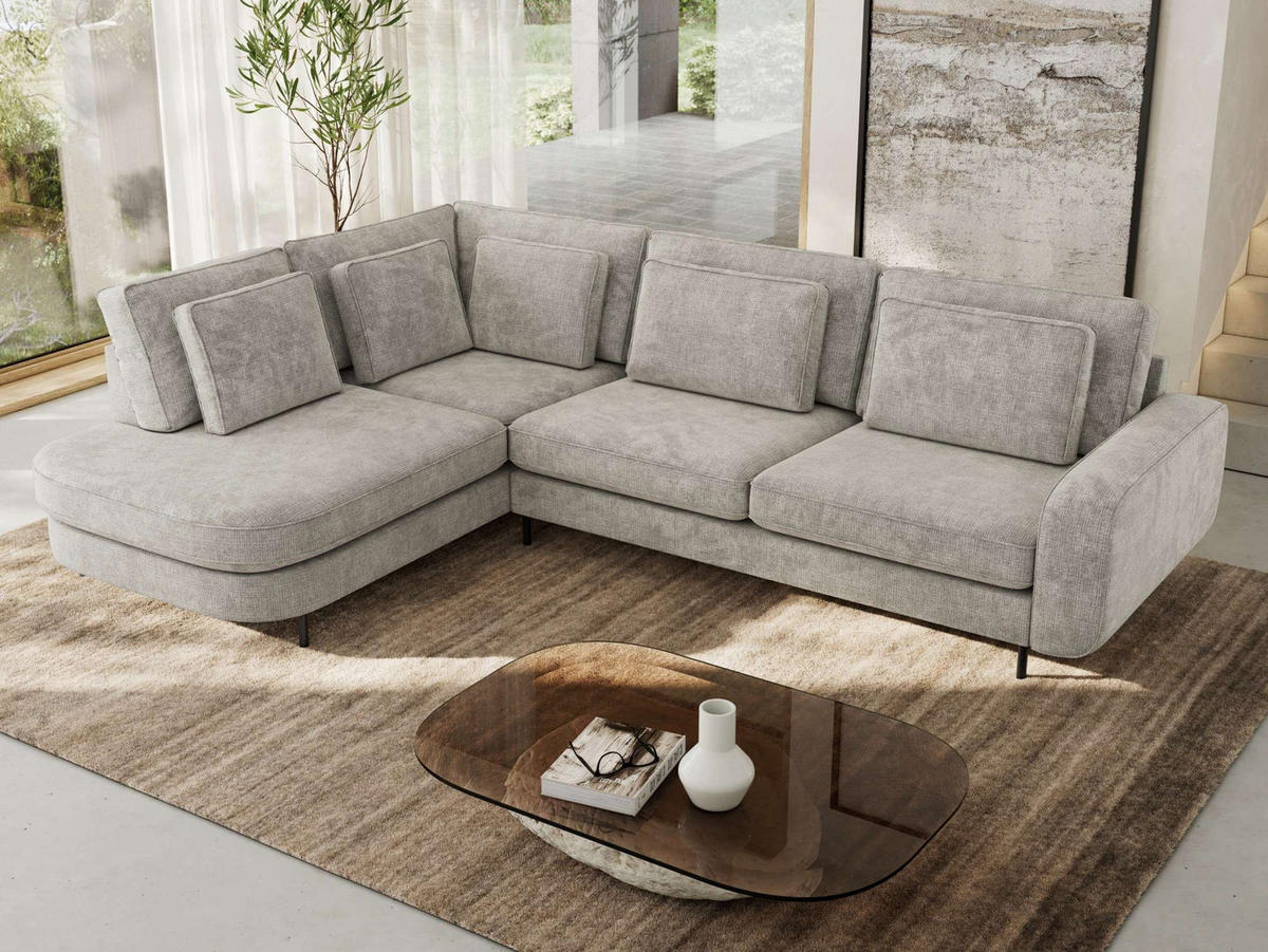 ROHOVÁ SEDAČKA CALENO L - Světle šedá hladký senil - Pravá Strana - černá/světle šedá, kov/textil (317/225cm) - MKS
