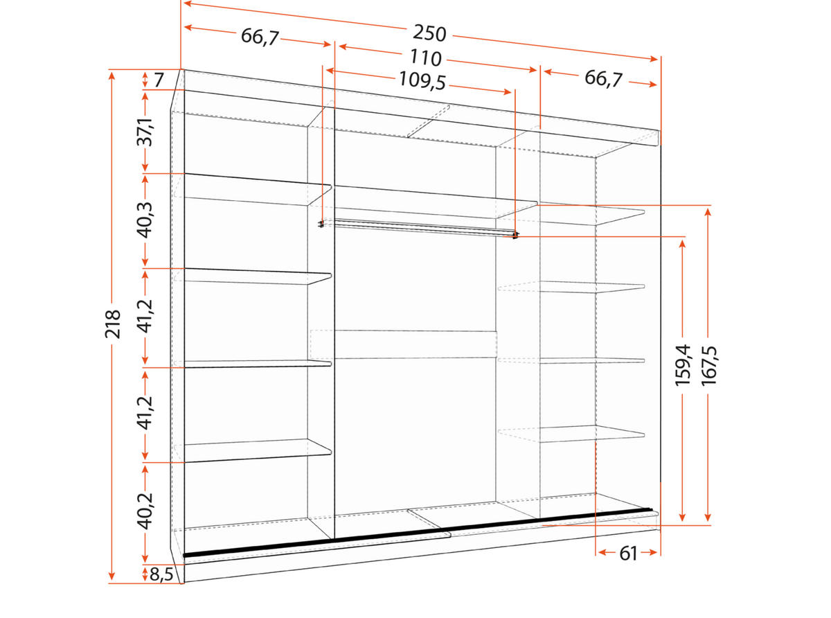 SCHWEBETÜRENSCHRANK Alba ohne Spiegel Schwarz/Sonoma Eiche, ohne LED Beleuchtung 250 cm - Alufarben/Schwarz, Holzwerkstoff/Metall (250/218/61cm) - imoebel24
