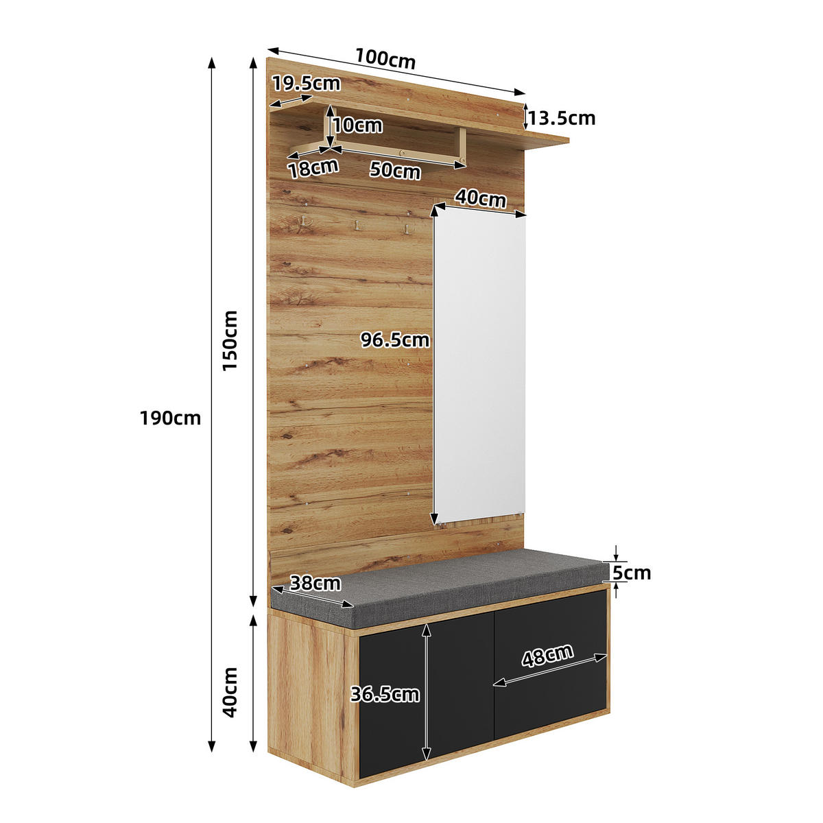 KLEIDERSCHRANKSET Kompakt Spiegel Kissen Garderobenpaneele Flur modern - Schwarz, Holzwerkstoff (38/190/100cm) - FLIEKS