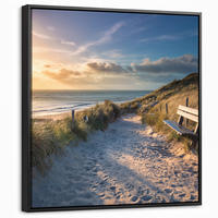 LEINWAND Bilder mit Rahmen - Sonnenuntergang - Strand - Düne - Gras - Ufer - 50x50 - Sandfarben, Textil (50/50cm) - MuchoWow