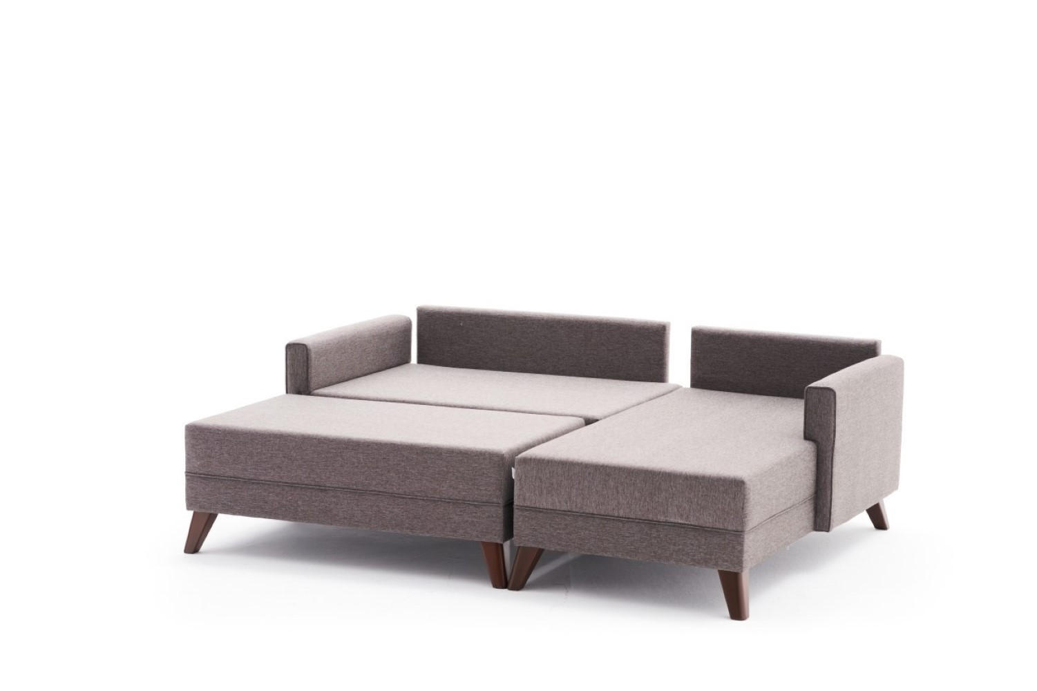 ECKSOFA mit Hocker als Schlaffläche, perfekt für kleine Räume - Taupe/Walnussfarben, Holz/Kunststoff (140/205cm) - myHomelando
