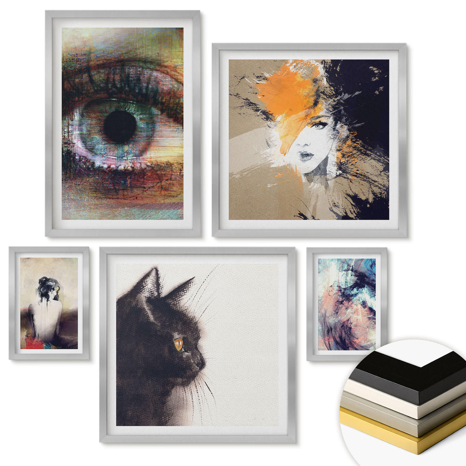 WANDBILDER 5er Set - 50x50 cm & 20x30 cm & 40x60 cm Silberner Rahmen - Gelbgrau-braune Wellen - Silberfarben, Kunststoff (40/60cm) - ArtPrintCave