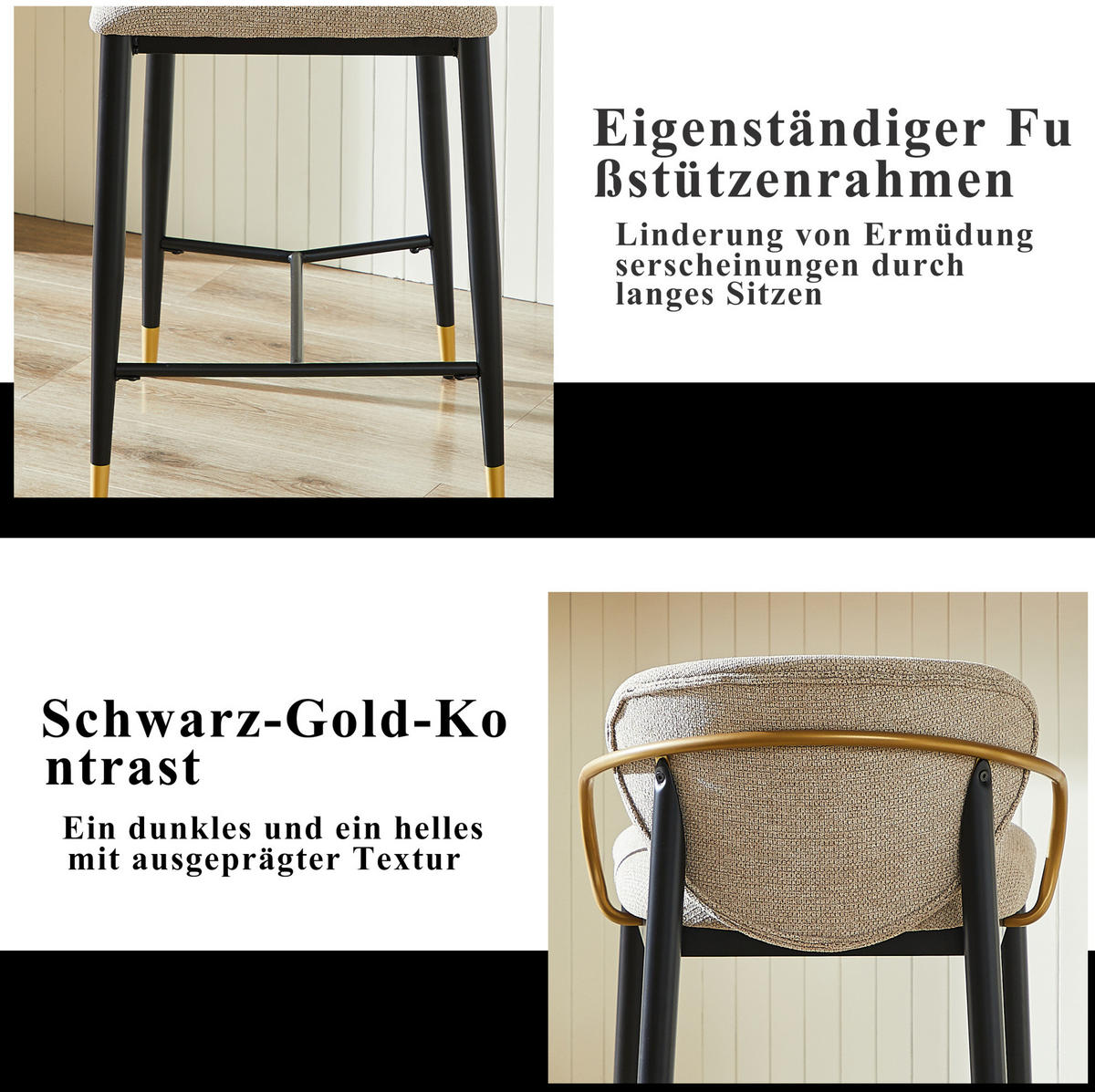 BARHOCKER 2er-Set mit Rückenlehne Chenille Hellbraun Schwarz-Gold - Hellbraun, Metall (52/87/57cm) - Meubliv