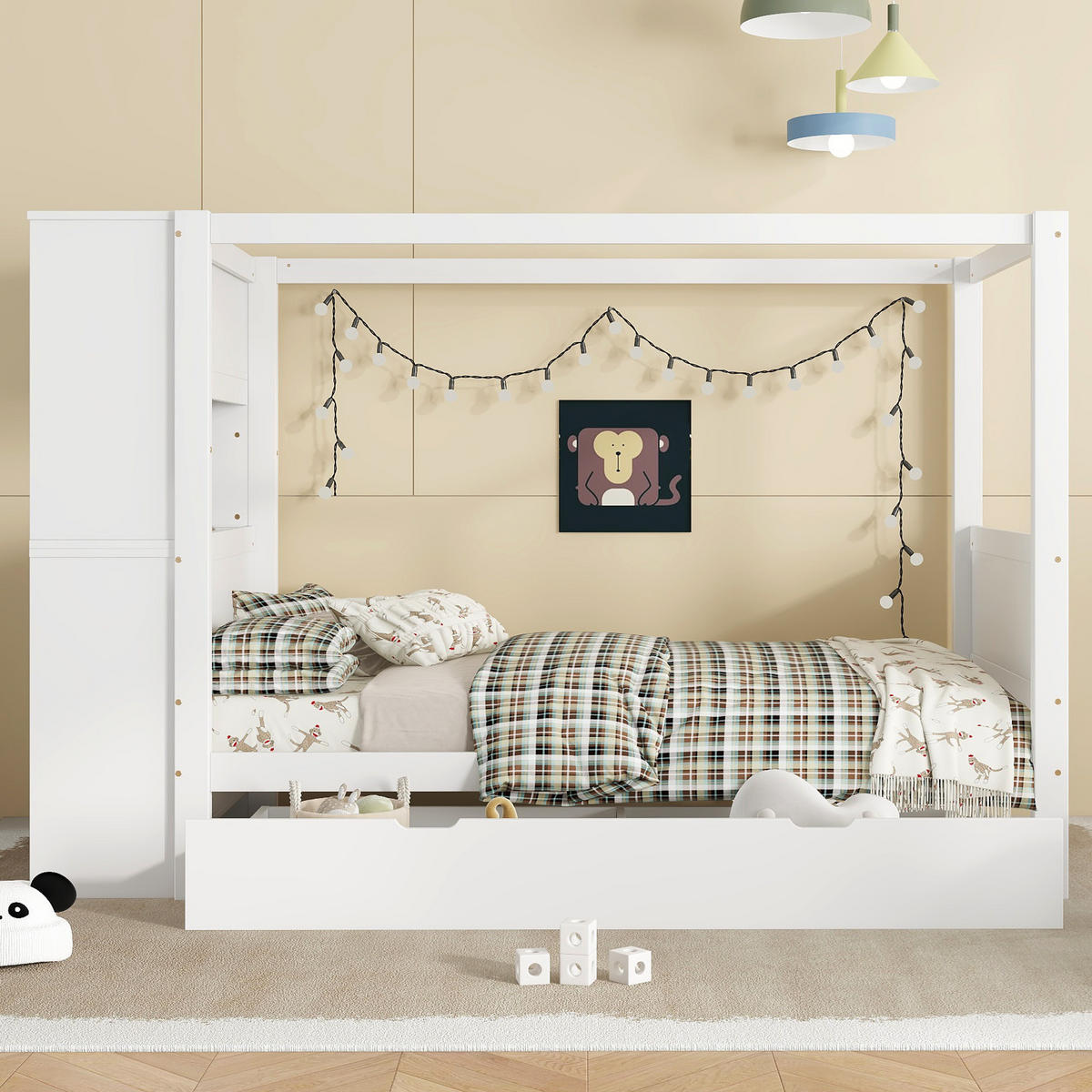 EINZELBETT 90/200 cm Weiß mit Stauraum und Fallschutz aus Kieferholz und MDF - Weiß, Holzwerkstoff (90/200cm) - OKWISH