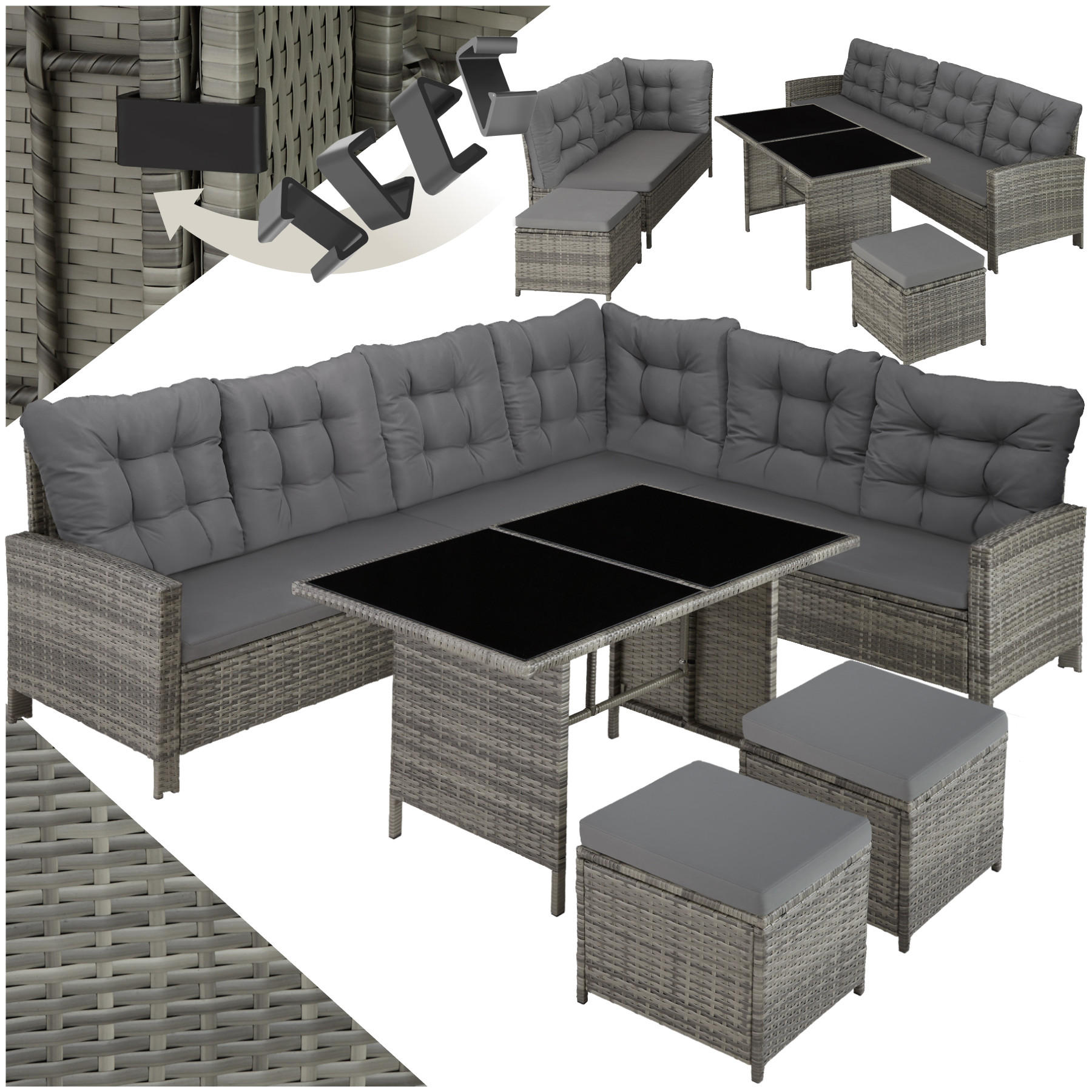 RATTANLOUNGE Barletta,mit Sicherheitsglasplatten,grau/beige - Beige/Grau, Kunststoff - tectake