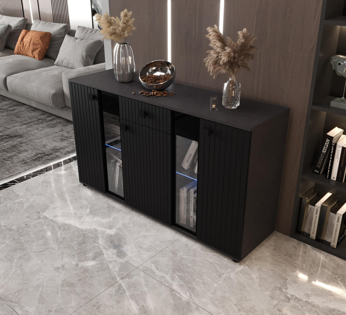 KOMMODE London LSMK LAMELE mit 3 Türen, Sideboard in Farbe: Schwraz, Größe: 140 x 80 x 40 cm - Schwarz, Holzwerkstoff (140/80/40cm) - O-Sofa