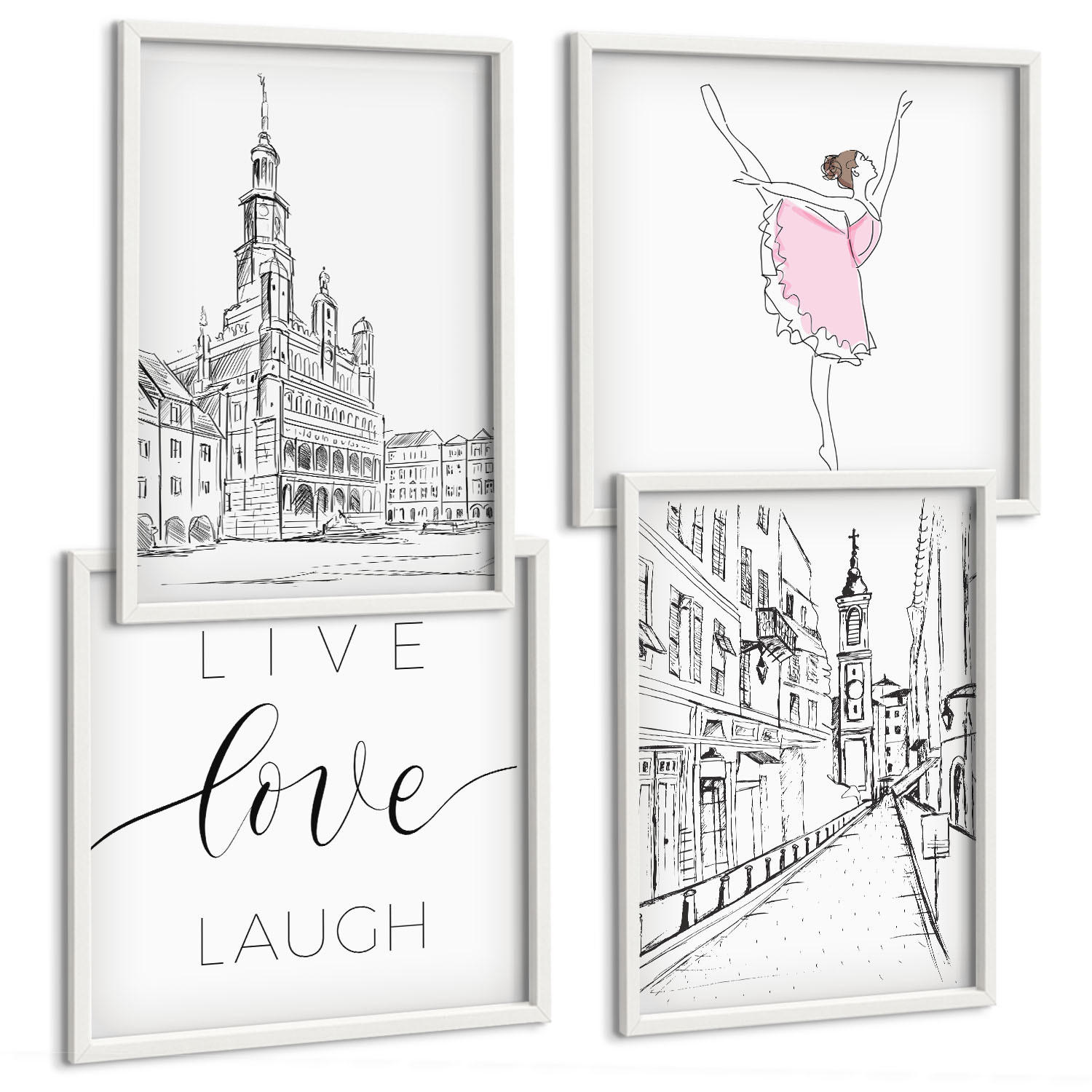 BILDER SET 4er Set - 50x50 cm & 40x60 cm Weißer Rahmen - Stilvolle Grafik, Ballerina-Architektur - Weiß, Kunststoff (50/50cm) - TULUP