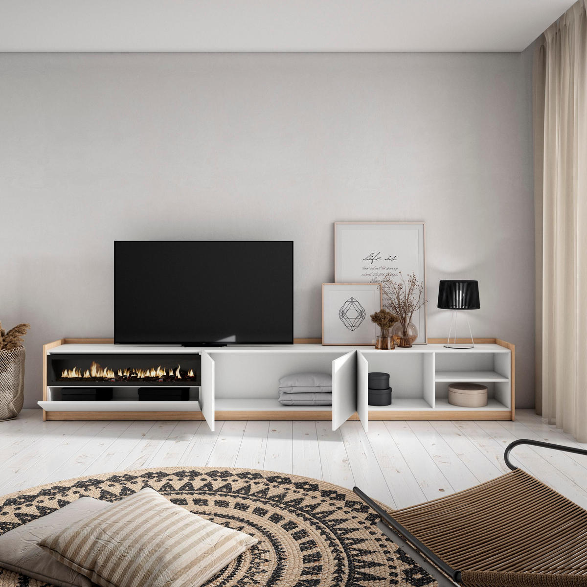 TV-SCHRANK, Lowboard, Weiß und Eiche Soft, Elektrokamin, 310/37/50cm - Weiß, Holzwerkstoff (310/50/37cm) - Skraut Home