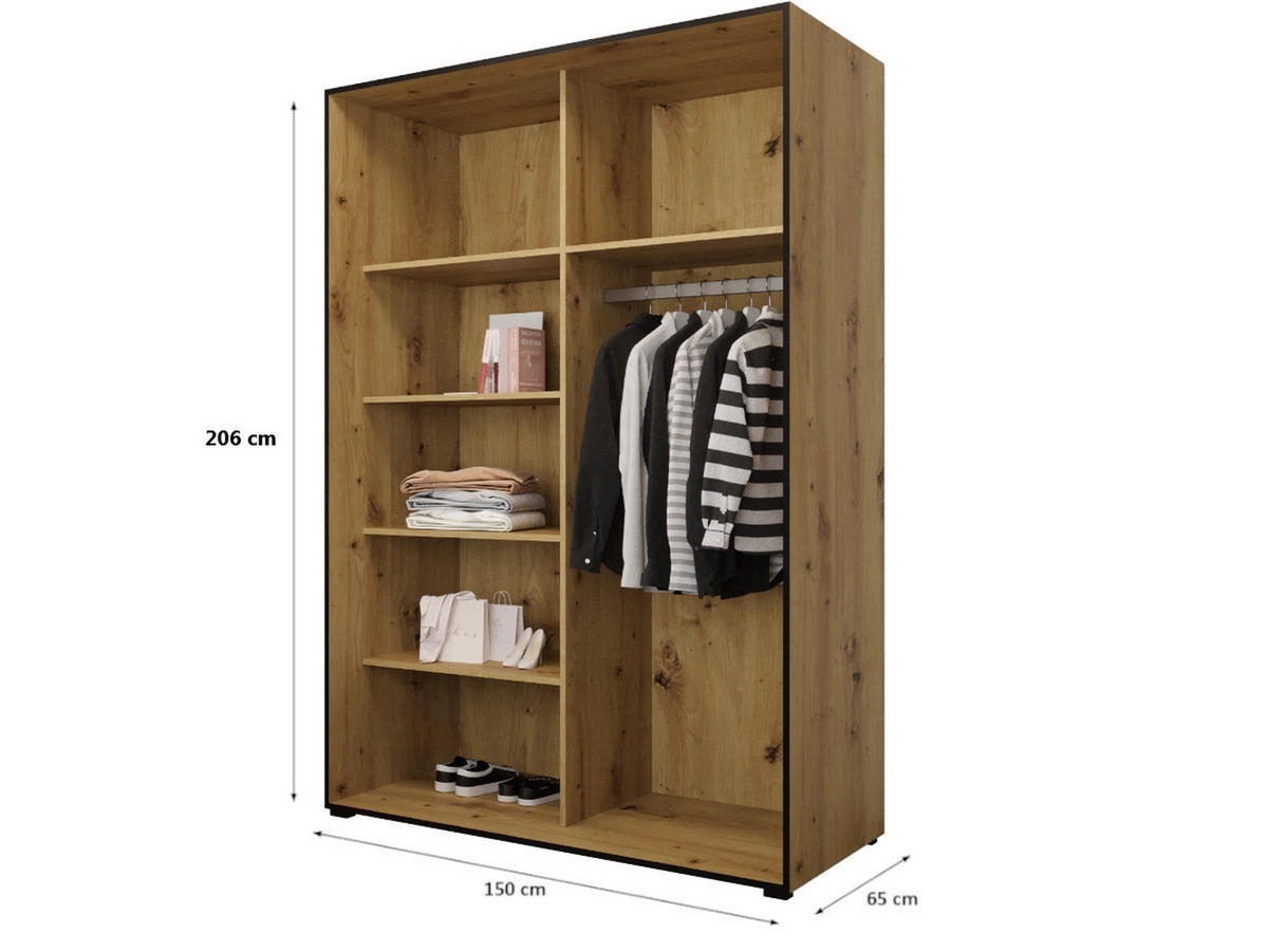 DREHTÜRENSCHRANK MODENA 150, 4-türig Kleiderschrank mit 2 Spiegel, Moderne Garderobe, Schrank in Größe: 150 x 206 x 65 cm - Schwarz/Braun, Holzwerkstoff (150/206/65cm) - O-Sofa