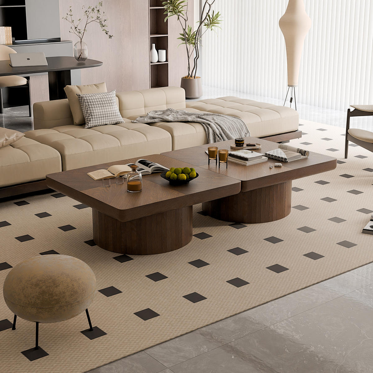 COUCHTISCH 78/78/38 cm walnuss aus Massivholz und MDF mit Parquet-Design und zylindrischem Sockel - Walnussfarben, Holz (78/78/38cm) - OKWISH