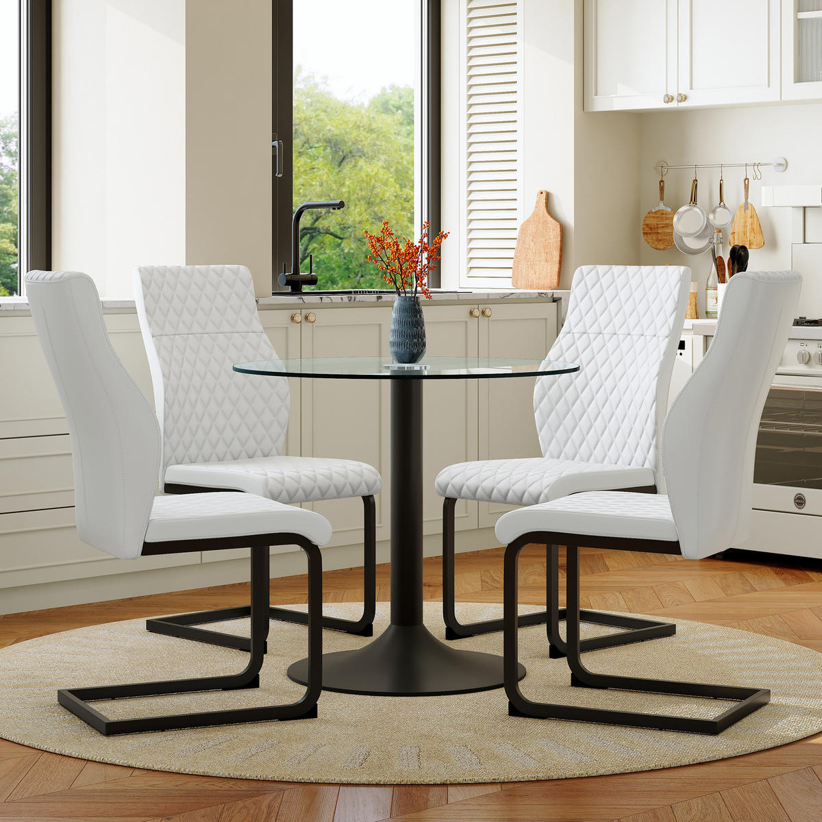 ESSGRUPPE DE-39485 5-teilig, Glastisch und 4 Stühlen mit hoher Rückenlehne Weiß - Weiß, Metall (85/75/85cm) - ComfortXL