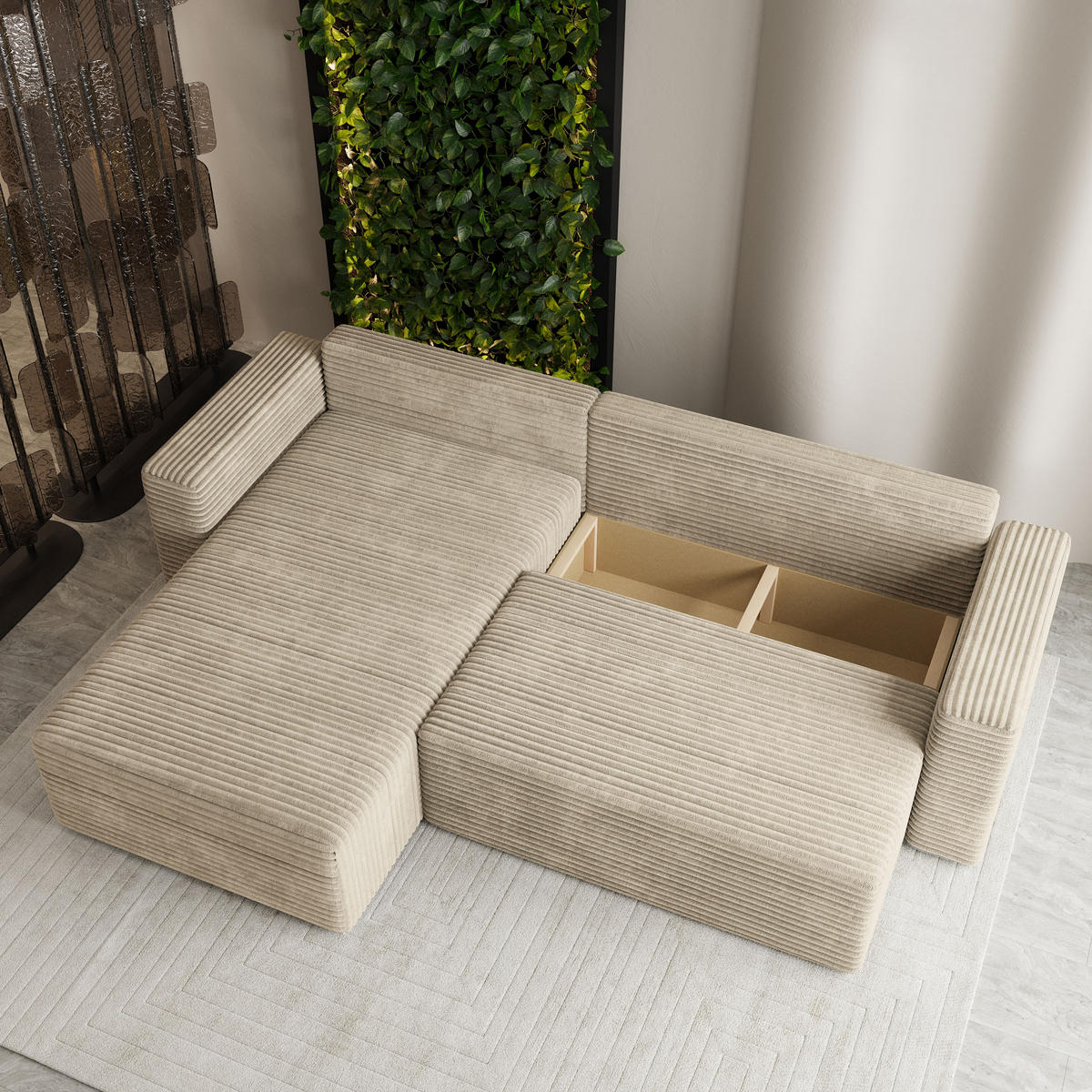 ECKSOFA CALTI T Creme Kordstoff mit Schlaffunktion - Creme, Holzwerkstoff/Textil (283/183cm) - MASSENO