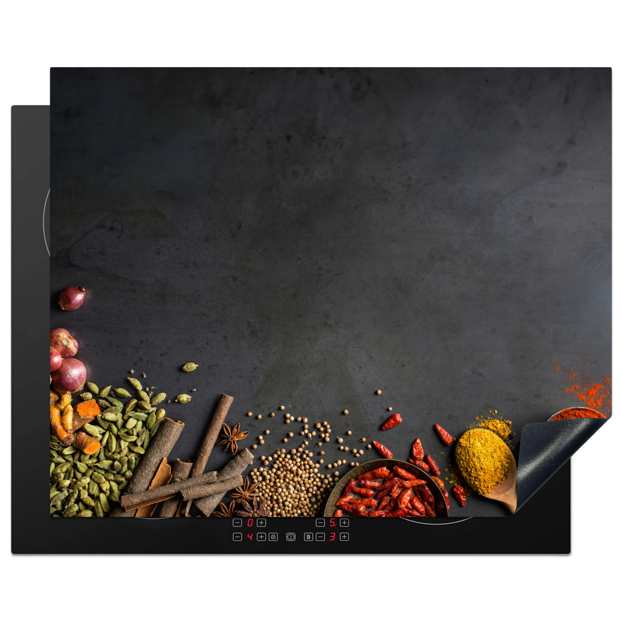 MuchoWow KRYT NA INDUKČNÍ DESKU Bylinky - Potraviny - Koření - Černá - Paprika - Skořice 65x52 cm