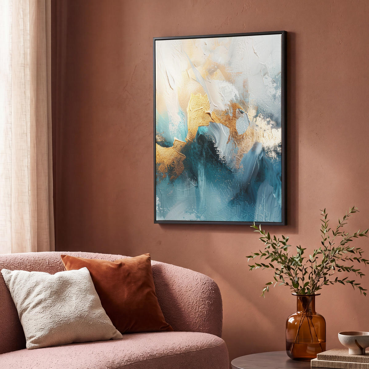 LEINWAND Bilder mit Rahmen - Abstrakt - Kunst - Gold - Blau - 70x100 - Petrol, Textil (70/100cm) - MuchoWow