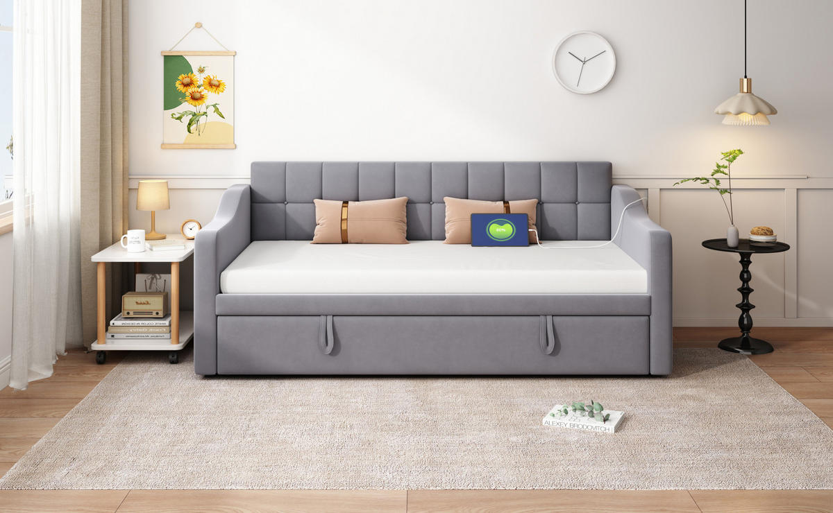 POLSTERBETT 90/190 cm Grau aus Samt ausziehbar - Grau, Textil (90/190cm) - OKMYHOME