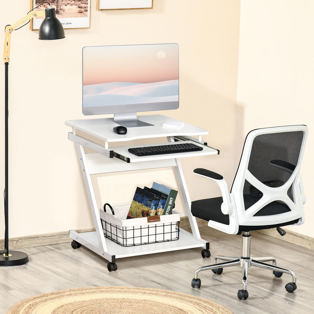 COMPUTERTISCH Weiß rollbar mit Tastaturauszug und Ablage 60/48/73 cm - Weiß, Holzwerkstoff (48/60/73cm) - PANGIVO