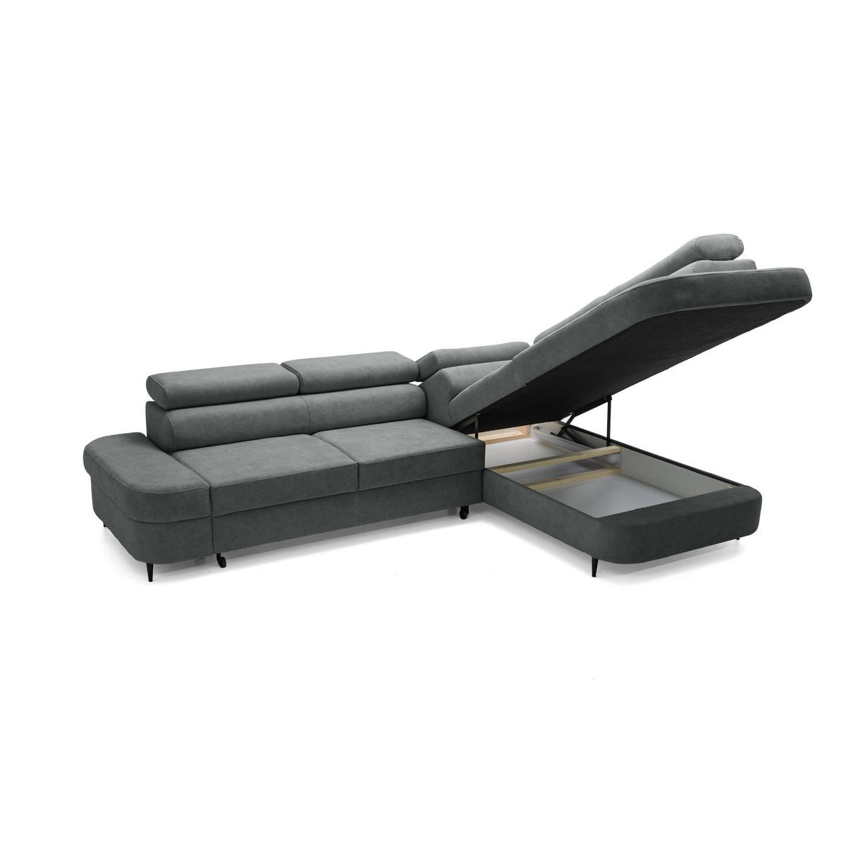 ECKSOFA PRIAM L Rechts mit Schlaffunktion 125x195 Velours Dunkelgrau - Dunkelgrau/Schwarz, Holz/Textil (203/275cm) - Muffo